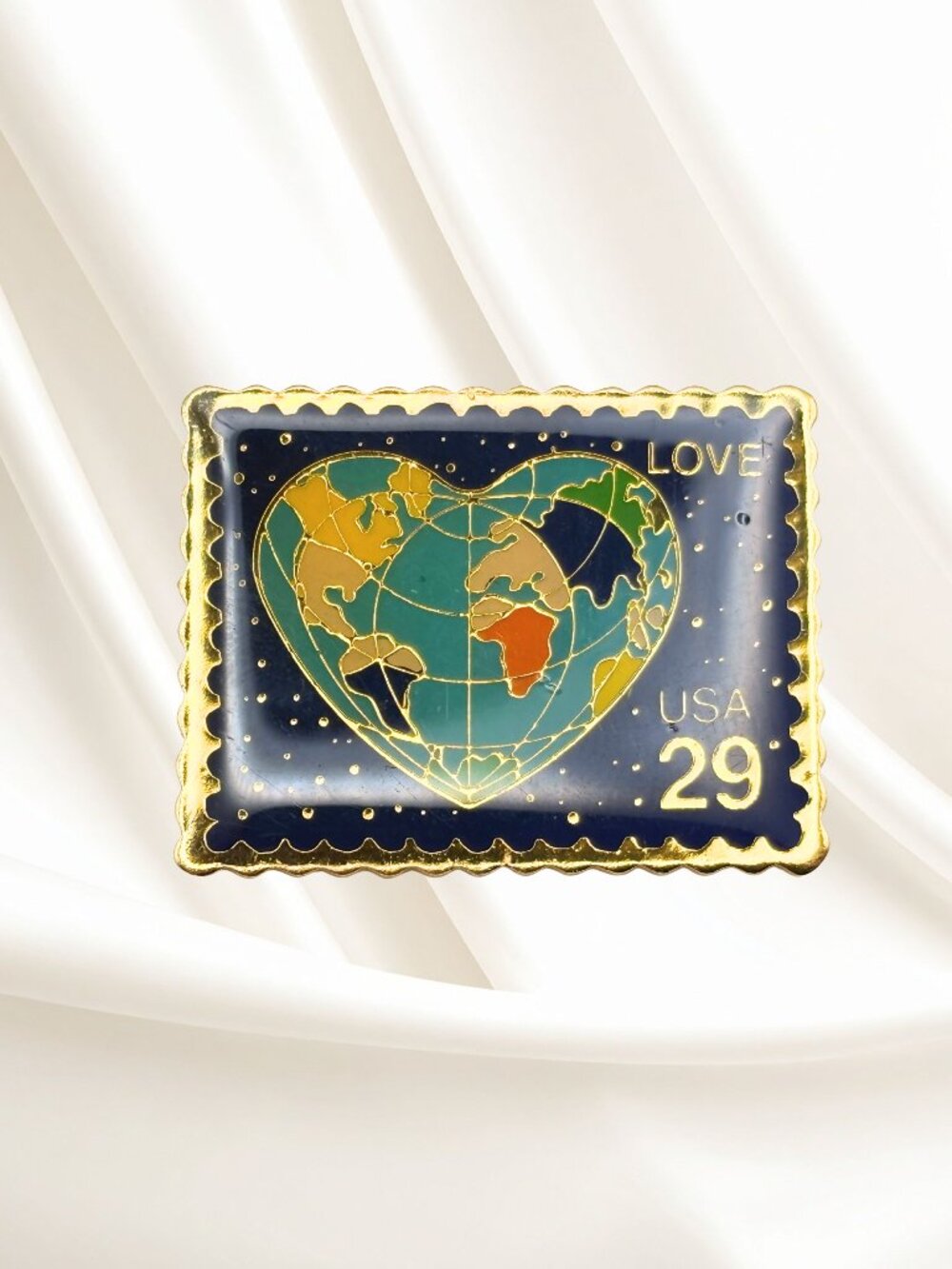 Vintage 1991 JG&A USPS Stamp Pin - World Love Heart, Enamel & Goldtone